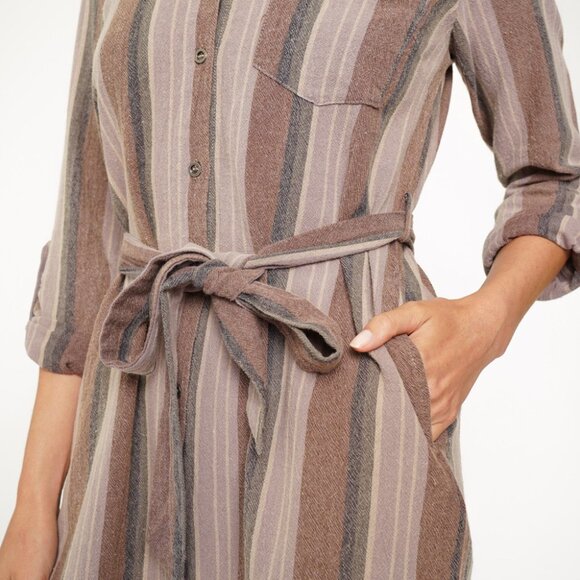 MYSTREE Striped Button Down Shirt Dress w/ Belt Neutral Brown Beige - Picture 7 of 7